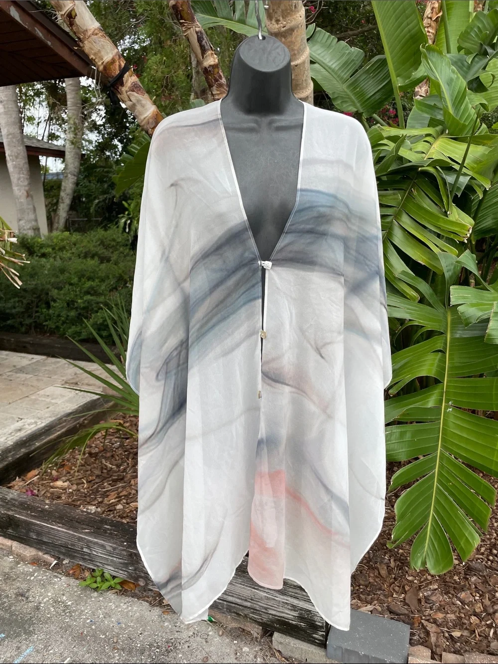 Sheer Marble Print Kimono Cover-Up - / scarf/ poncho White, Gray, Blue